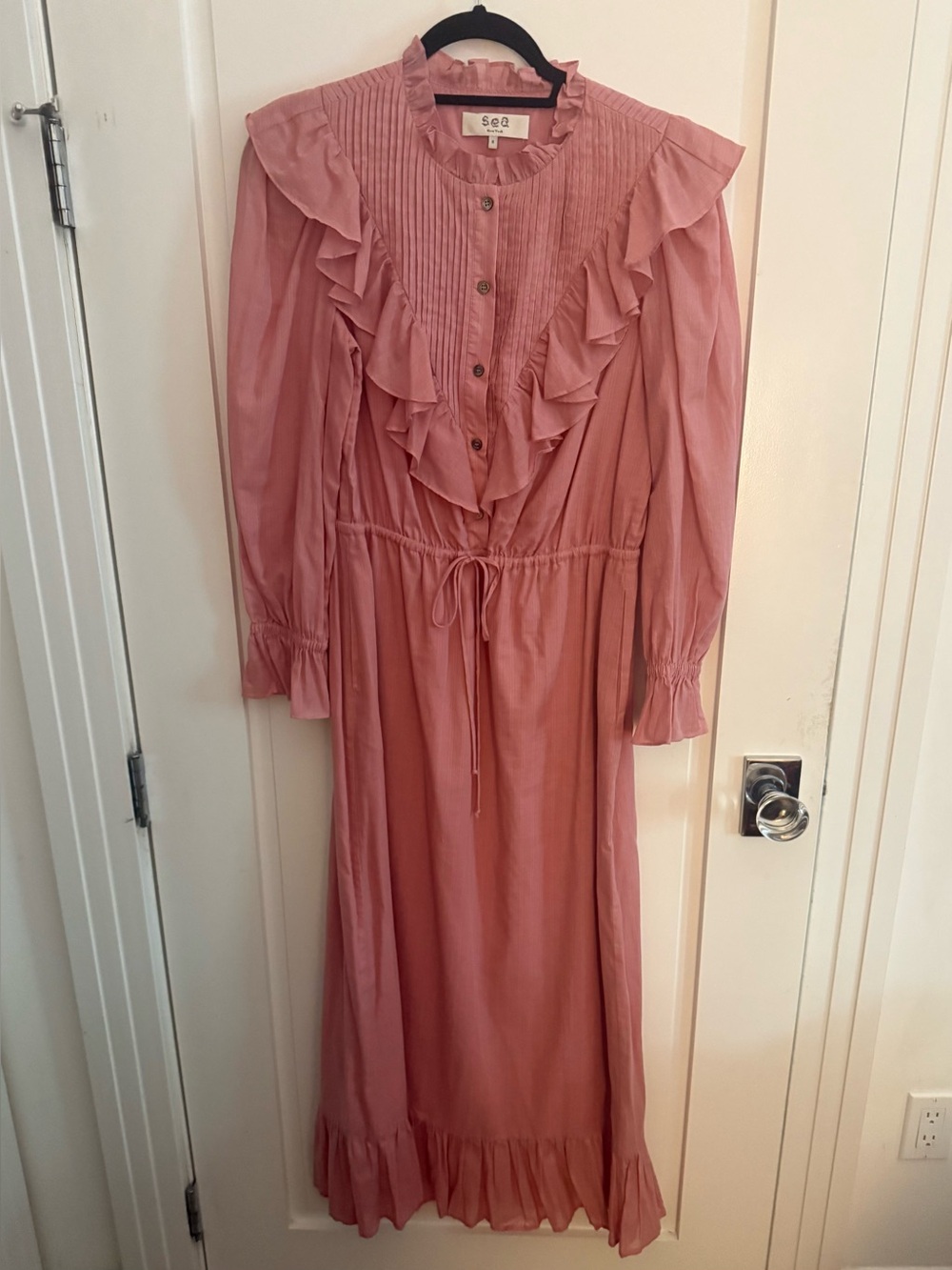 SEA NY Clara Pink Ruffle Front Midi Dress Feminine Romantic Size 8 NWOT